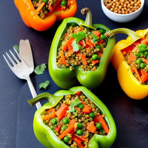 Stuffed Bell Peppers with Quinoa and Lentils and Chickpeas and Spinach and Carrots and Peas and Chickpeas
