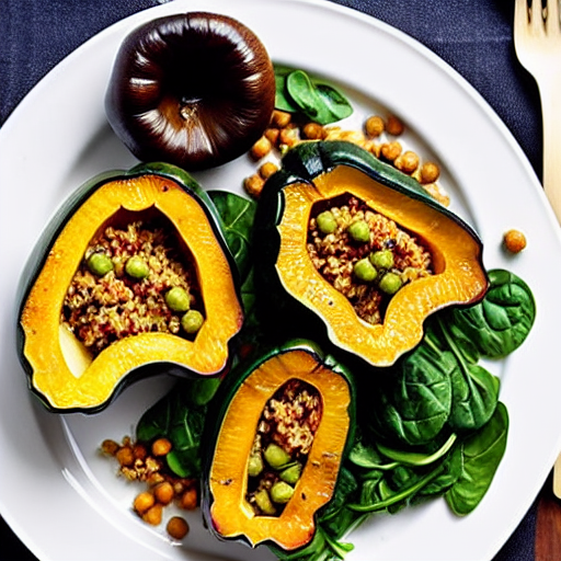 Savory Mushroom and Spinach Stuffed Acorn Squash with Lentils and Chickpeas and Quinoa and Rice and Lentils