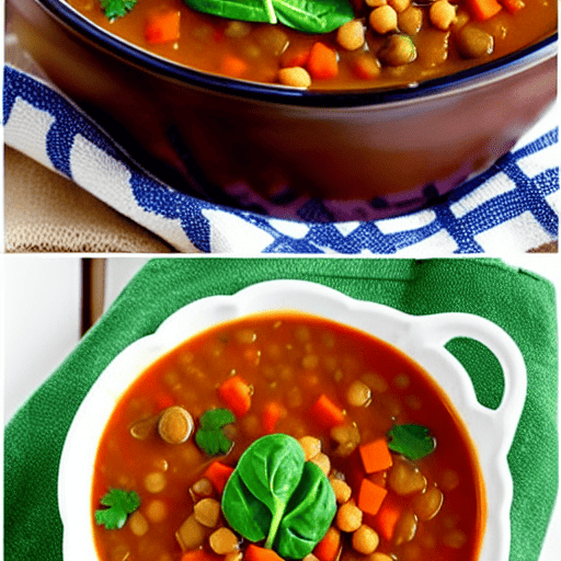 Vegetable and Lentil Soup with Spinach and Carrots and Peas and Chickpeas and Lentils and Spinach