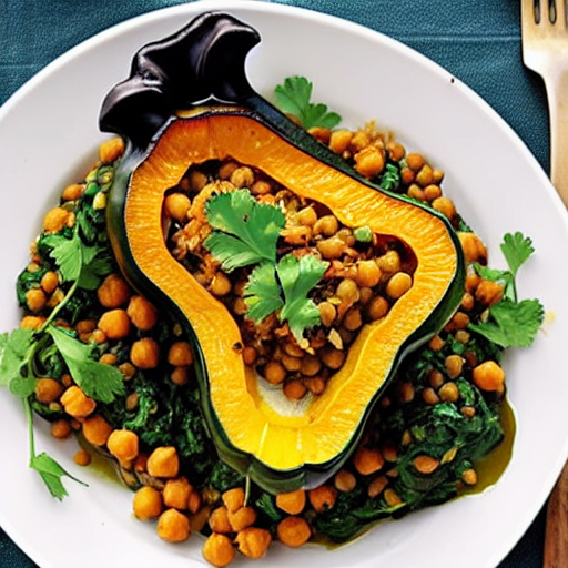 Savory Mushroom and Spinach Stuffed Acorn Squash with Lentils and Chickpeas and Quinoa and Rice