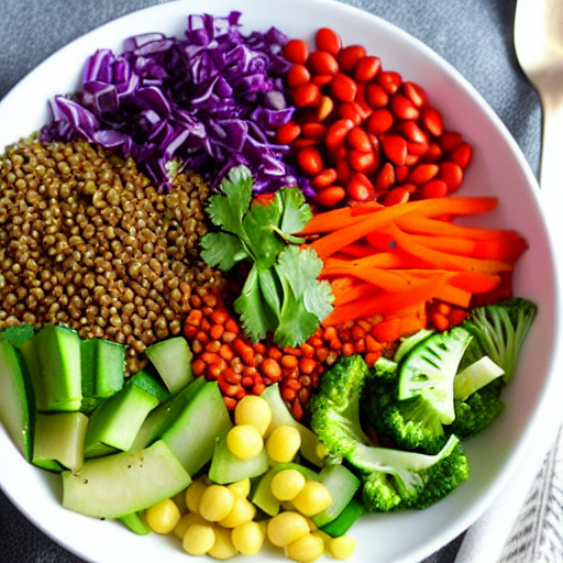 Vegetable and Lentil Salad Bowl with Dressing and Spices