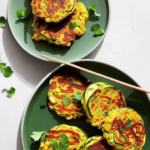 Zucchini and Corn Fritters with Lentils and Spinach and Chickpeas and Lentils