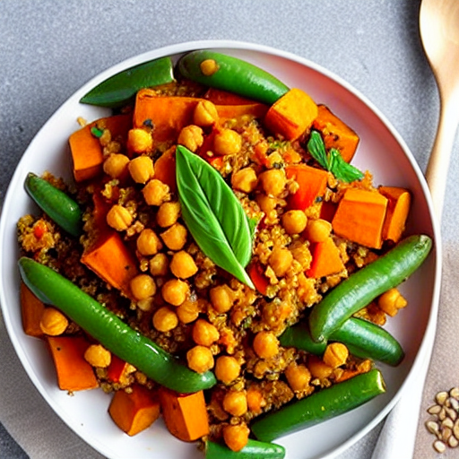 Savory Sweet Potato and Vegetable Stir-Fry with Lentils and Chickpeas and Quinoa