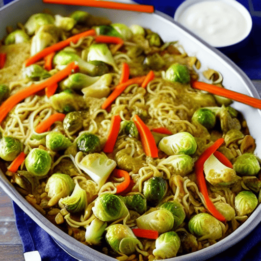 Halal Chicken and Brussels Sprouts Stir-Fry Bake Noodle Casserole Noodle