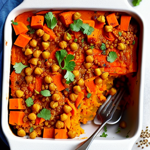 Savory Sweet Potato and Vegetable Casserole with Chickpeas and Lentils and Quinoa and Rice