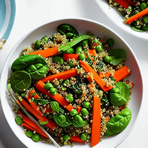 Crispy Vegetable and Quinoa Salad with Chickpeas and Lentils and Spinach and Carrots and Peas