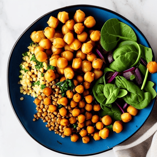 Roasted Vegetable and Chickpea Bowl with Spinach and Lentils and Chickpeas