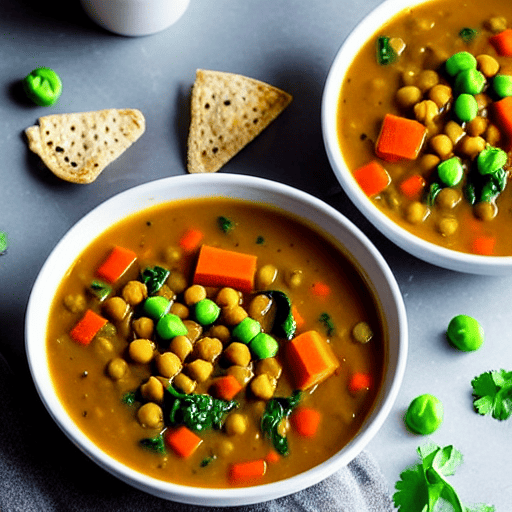 Vegetable and Lentil Soup with Spinach and Carrots and Peas and Chickpeas