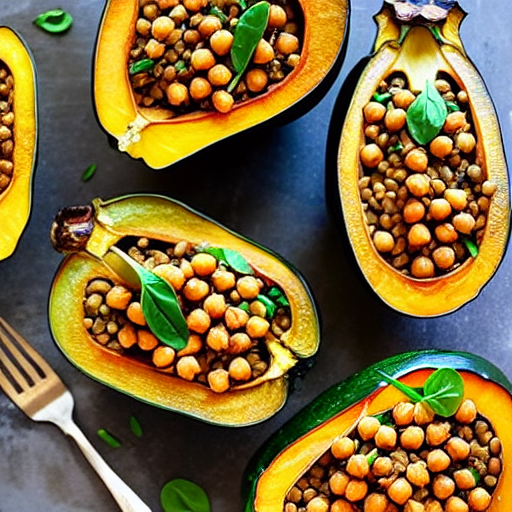 Stuffed Acorn Squash with Lentils and Spinach and Chickpeas