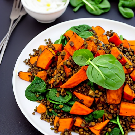 Crispy Sweet Potato and Lentil Salad with Spinach