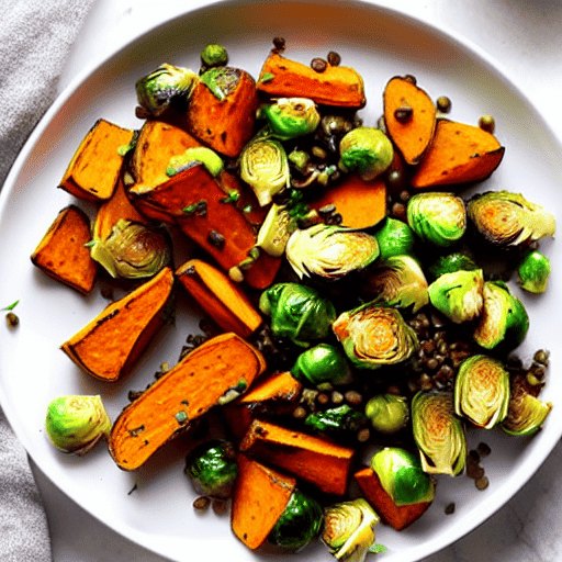Garlic Herb Roasted Sweet Potatoes and Brussels Sprouts and Lentils and Chickpeas and Quinoa