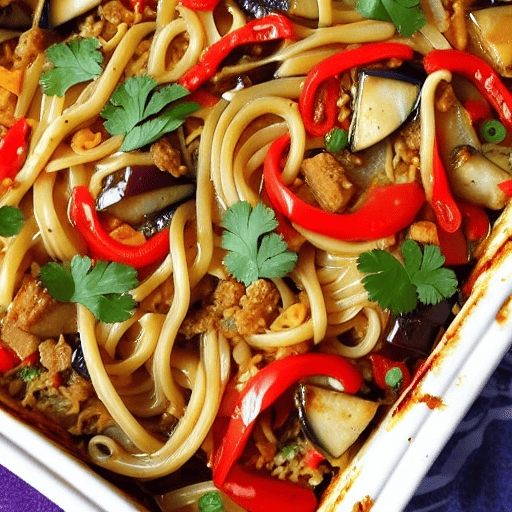 Halal Chicken and Eggplant Bake Stir-Fry Noodle Casserole