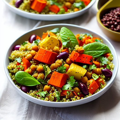 Roasted Vegetable and Quinoa Salad with Chickpeas and Lentils and Spinach and Carrots and Peas