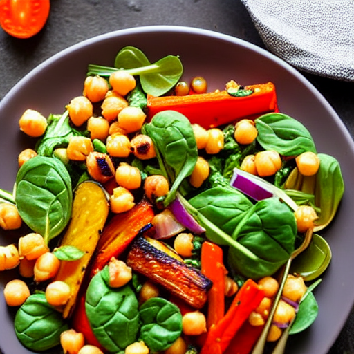 Roasted Vegetable and Chickpea Salad with Spinach