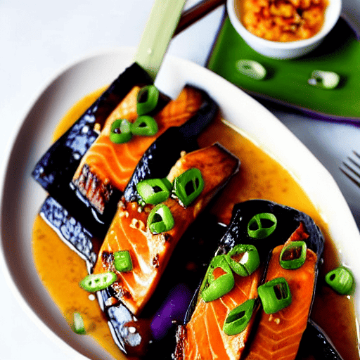 Miso Glazed Eggplant with Tofu and Salmon