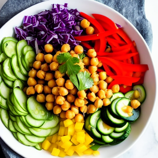 Vegetable and Chickpea Salad Bowl with Dressing and Spices