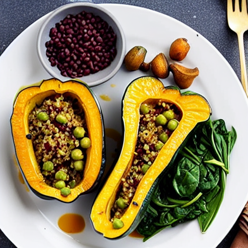 Savory Mushroom and Spinach Stuffed Acorn Squash with Lentils and Chickpeas and Quinoa