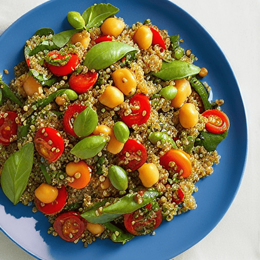 Crispy Vegetable and Quinoa Salad with Chickpeas and Lentils and Spinach and Carrots and Peas and Chickpeas