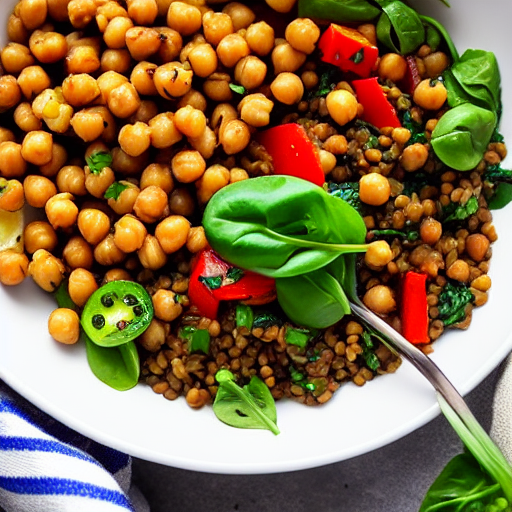 Grilled Vegetable and Chickpea Bowl with Spinach and Lentils and Chickpeas