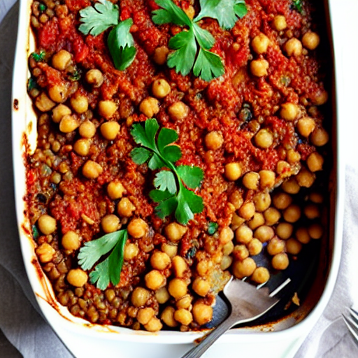 Baked Eggplant and Chickpea Casserole with Lentils and Quinoa and Chickpeas