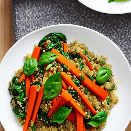 Vegetable and Quinoa Stir-Fry with Garlic Sauce and Chickpeas and Lentils and Spinach and Carrots