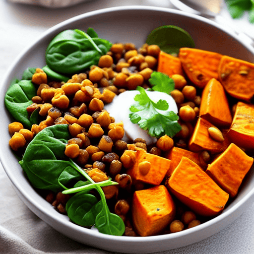 Roasted Sweet Potato and Lentil Bowl with Lentils and Spinach and Chickpeas