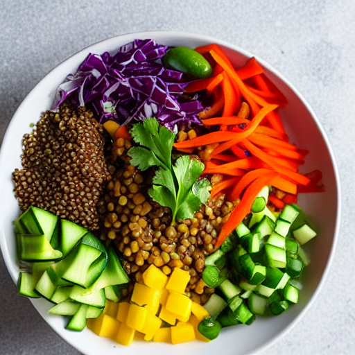 Vegetable and Lentil Salad Bowl with Dressing and Spices and Herbs