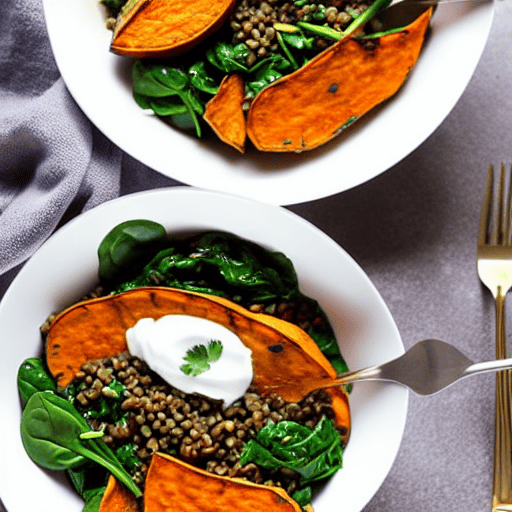 Roasted Sweet Potato and Lentil Bowl with Spinach