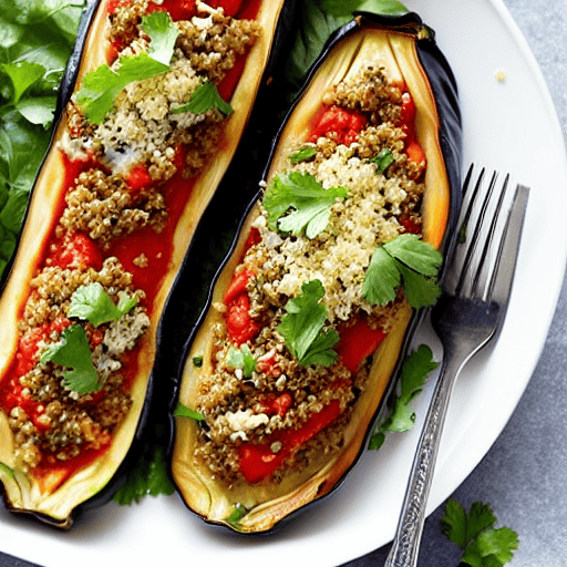 Vegetable and Cheese Stuffed Eggplant with Quinoa