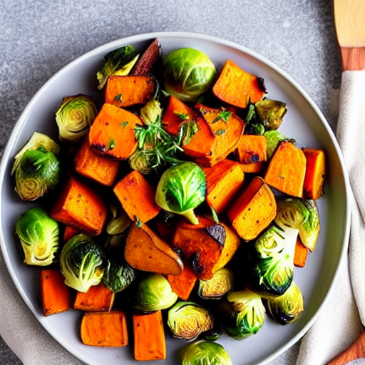 Garlic Herb Roasted Sweet Potatoes and Brussels Sprouts