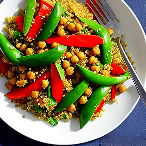 Vegetable and Quinoa Stir-Fry with Garlic Sauce and Chickpeas and Lentils and Spinach and Carrots and Peas