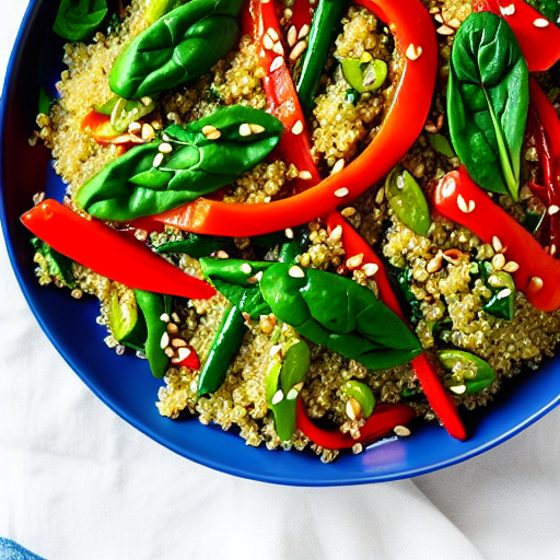 Vegetable and Quinoa Stir-Fry with Garlic Sauce and Spinach